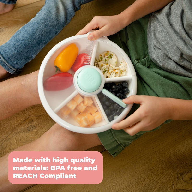 GoBe Kids Large Snack Spinner Slide Bundle with Hand Strap and Sticker Sheet - Reusable Snack Container with 4 Compartment Dispenser and Lid | BPA/PVC Free | Dishwasher Safe | No Spill - Macaron Blue - Image 2